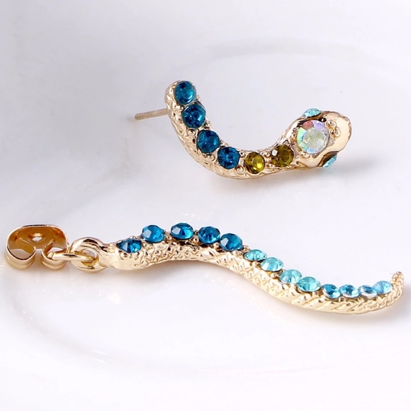 Rhinestone Snake Ear Jacket Gold Serpent Earrings - Picture 5 of 9